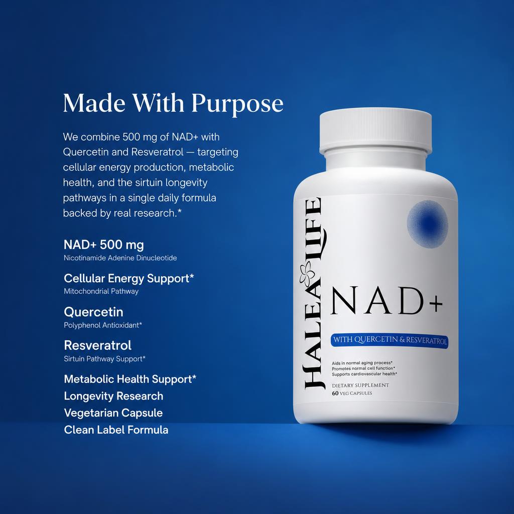 Halea Life NAD+ Cellular Vitality infographic showing 500mg NAD+ paired with Quercetin and Resveratrol