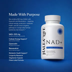 Halea Life NAD+ Cellular Vitality infographic showing 500mg NAD+ paired with Quercetin and Resveratrol