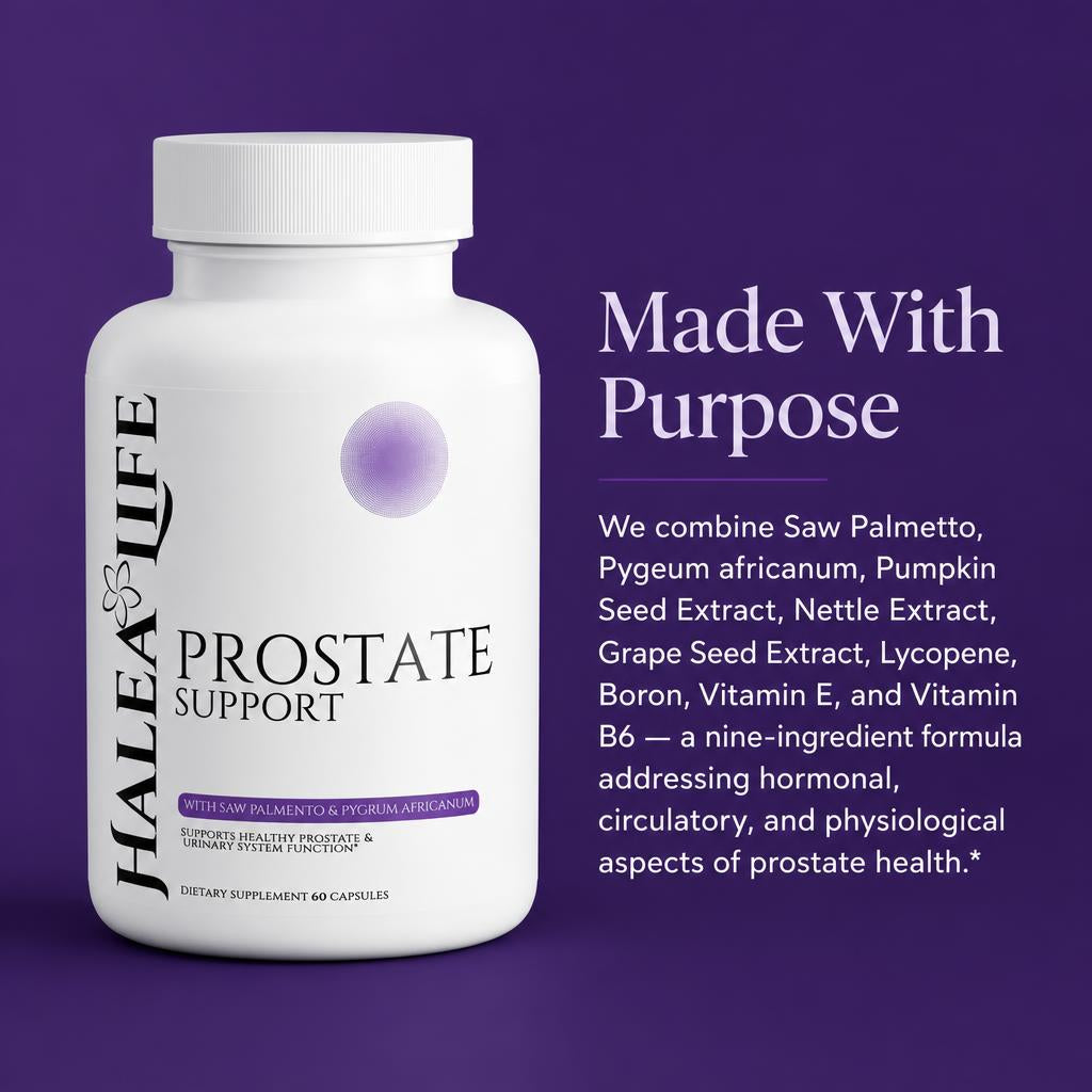Halea Life Prostate Support Capsules front label with saw palmetto beta-sitosterol and pygeum extract