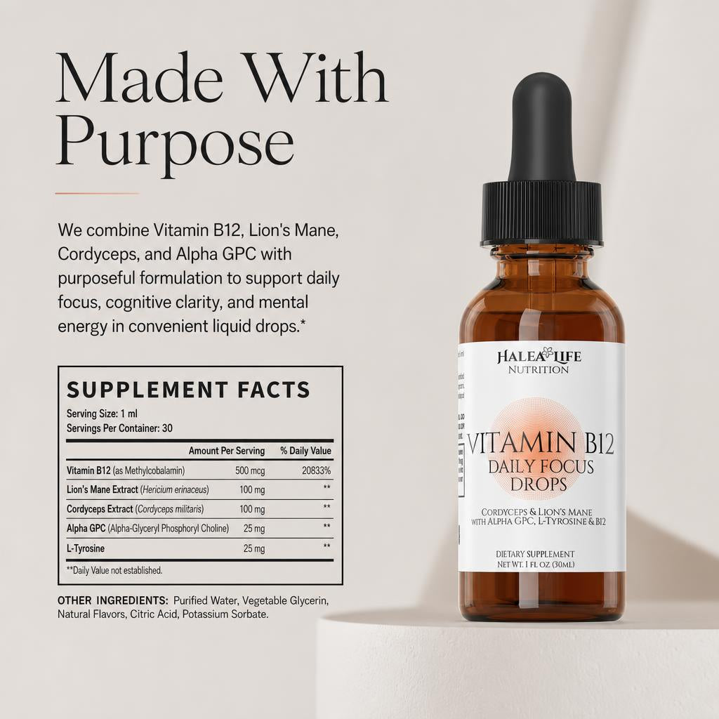 Halea Life Vitamin B12 Daily Focus Drops infographic showing Lion's Mane Cordyceps and Alpha GPC focus blend