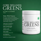 Halea Life Core Wellness Greens Superfood Powder infographic showing sea vegetable grain herb and fruit blend categories