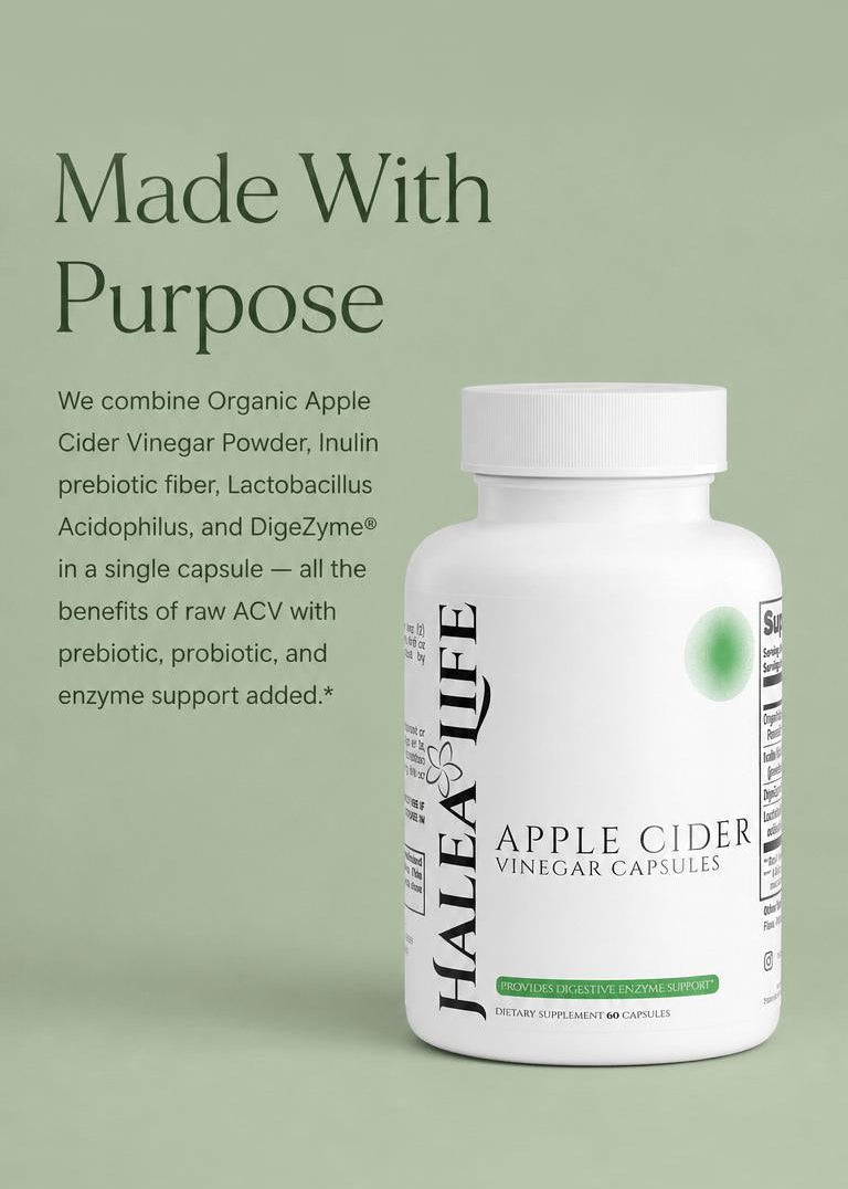 Apple cider vinegar capsule bottle with text on a light green background