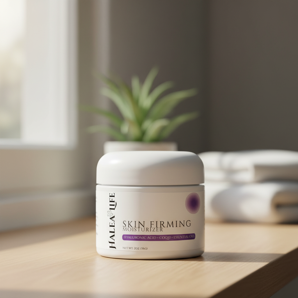 Jar of Halea Life Skin Firming Moisturizer on a wooden surface with a plant in the background