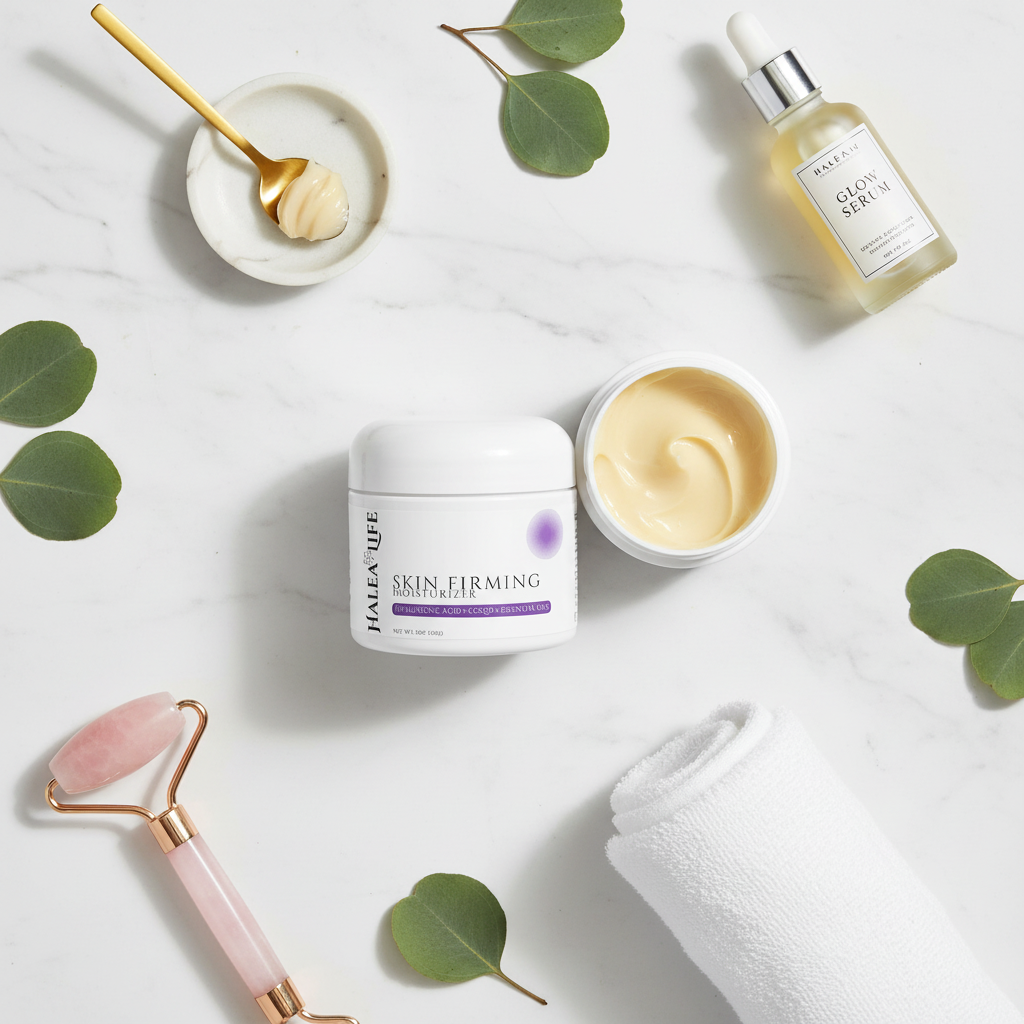 Skincare products including a jar, serum, and roller on a light background with leaves.