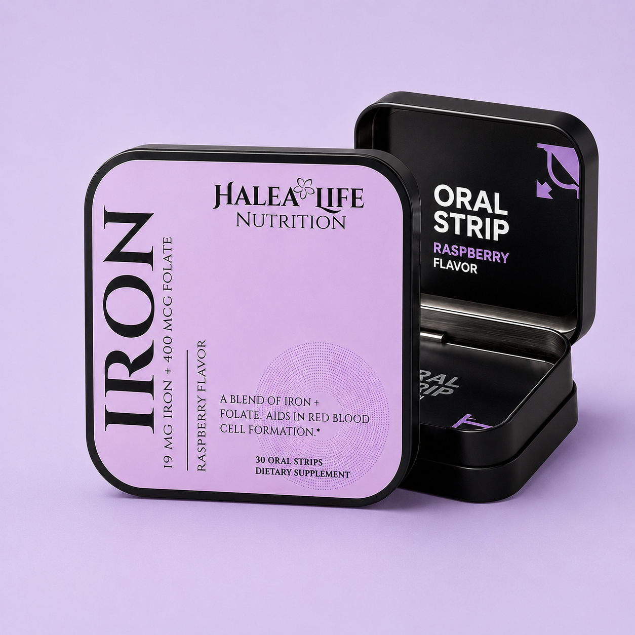 Halea Life Iron + Folate Strips — 19mg Iron as Ferric Saccharate (106% DV) + 400mcg Folate in a fast-dissolving raspberry strip. No water required.