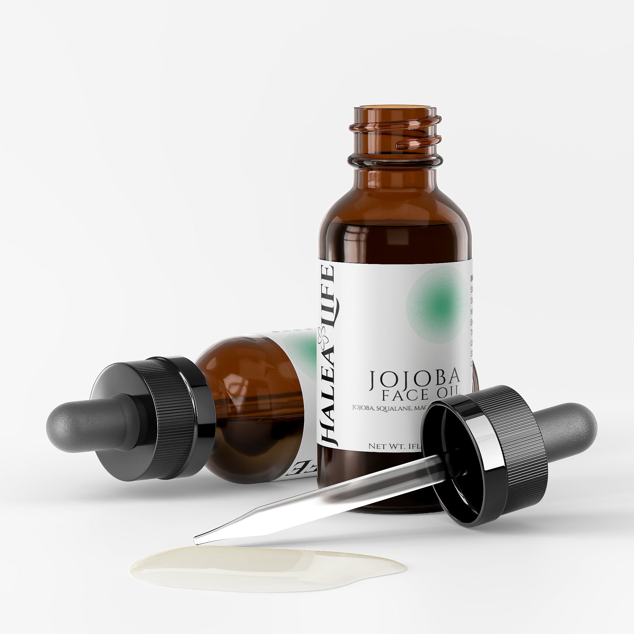 Halea Life Jojoba Face Oil bottle with dropper on a white background