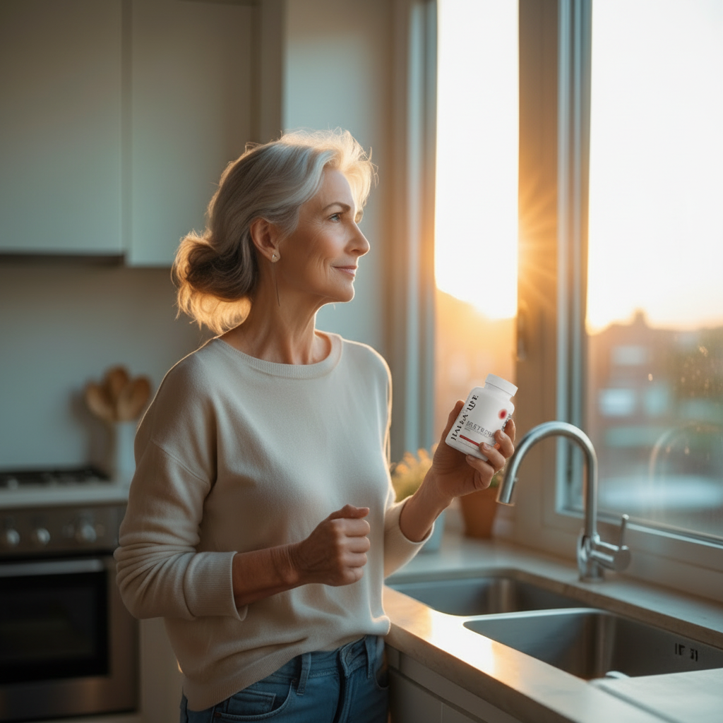 Woman holding a container of Halea Life Beetroot powder supplement in a kitchen with a window in the background