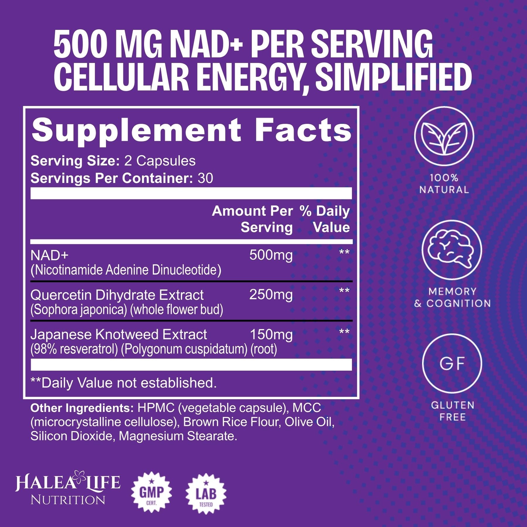 Supplement facts label for a product with NAD+ and other extracts on a purple background.