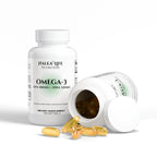 Omega-3 supplement bottle with capsules on a white background