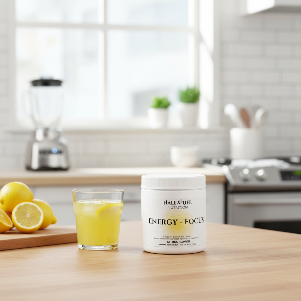 Container of Halle Life Nutrition Energy + Focus supplement on a kitchen counter with lemons and a glass of juice.