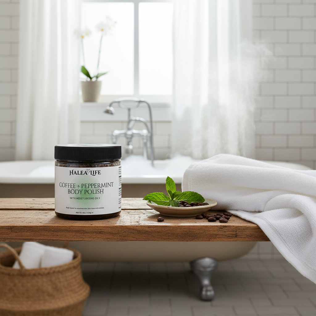 Jar of Halea Life Coffee & Peppermint Body Polish on a wooden surface with a bathtub and plants in the background.