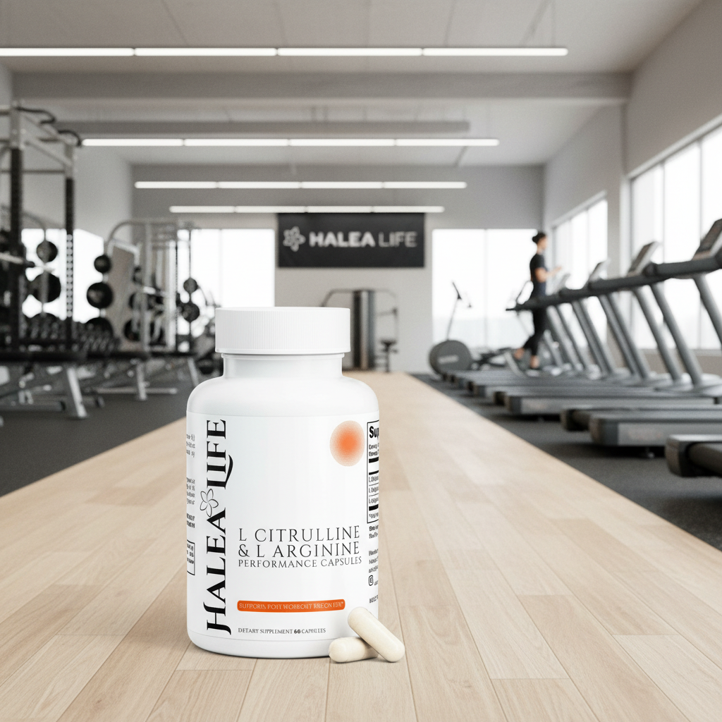 Halea Life supplement bottle on a gym counter with equipment in the background