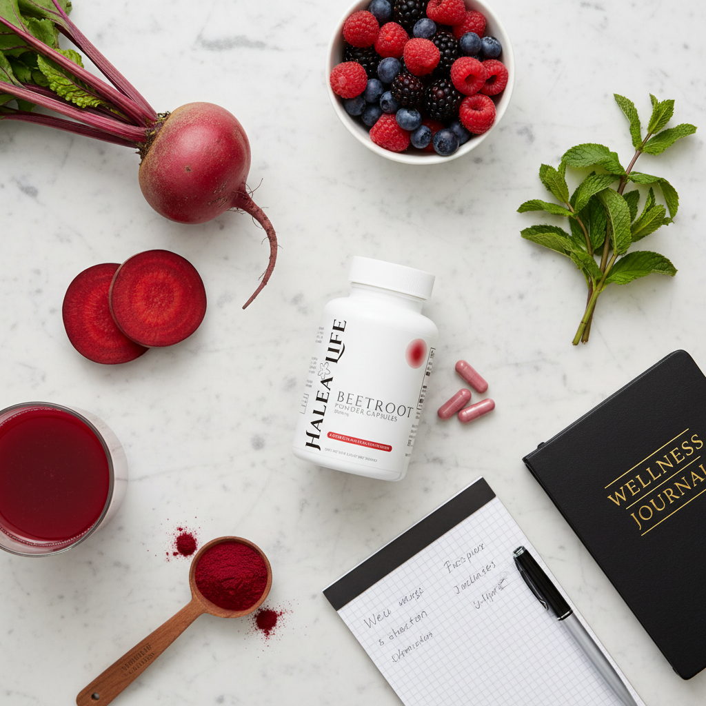 Health and wellness items including beetroot, juice, supplements, and a wellness journal on a marble surface.