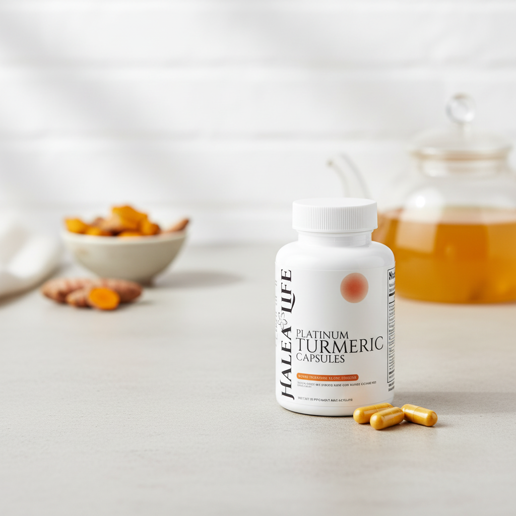 Bottle of Halea Life Platinum Turmeric Capsules on a light surface with turmeric roots and a teapot in the background.