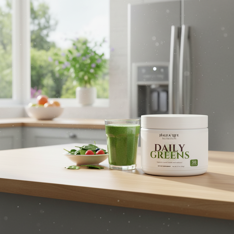Container of 'Daily Greens' powder on a kitchen counter with a glass of green juice and salad.